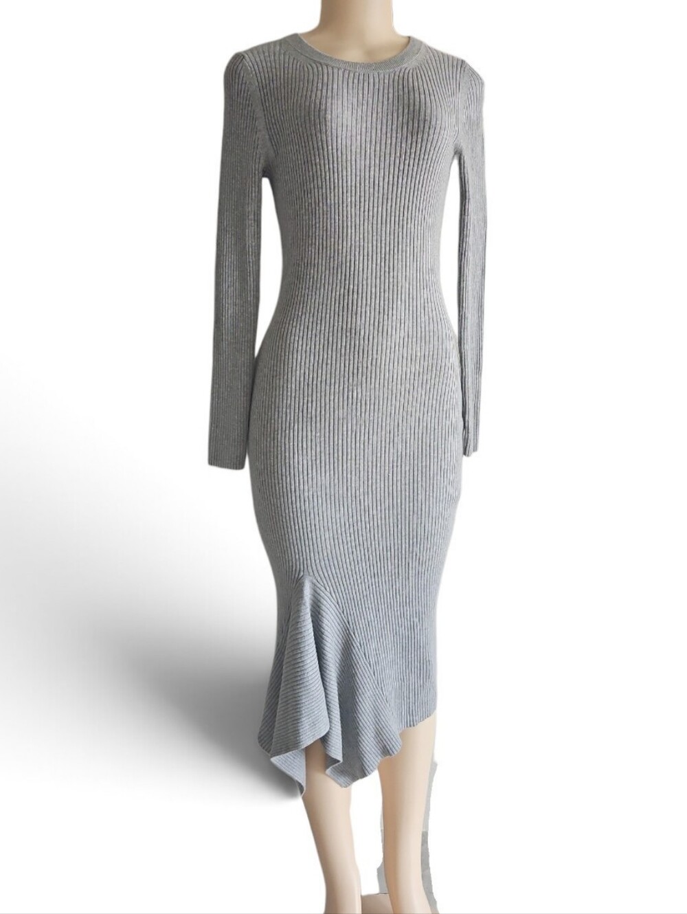 Michael Kors Ribbed Long Sleeve Midi Dress - Light Gray